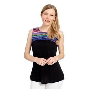 NWOT - OSO Casuals® Knit & Patterned Woven Keyhole Back Scoop Neck Top Black, M